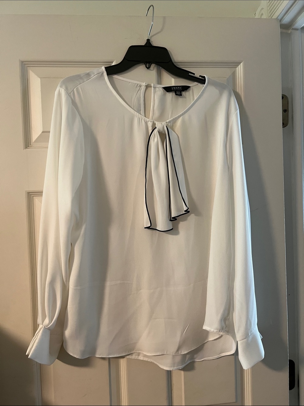 White Blouse with Black-Trim Neck Tie by J.McLaughlin